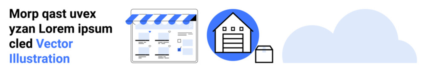 E-commerce website layout featuring product listings, warehouse icon representing storage, and cloud icon symbolizing online data storage. Ideal for web development, digital marketing, online