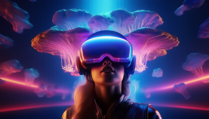 A futuristic scene featuring a person wearing headphones and a shiny jacket, surrounded by glowing jellyfish and vibrant, colorful light trails, creating a surreal, immersive experience.