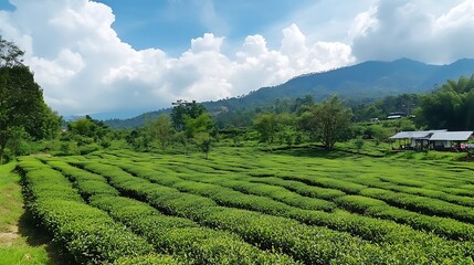 Serene Tea Plantation Landscape Under a Cloudy Sky
