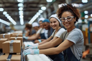 Smiling group of factory workers packaging products at an conveyor belt