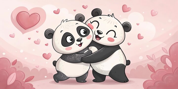 Ilustraci&oacute;n tierna de pareja de osos panda en un abrazo y corazones
