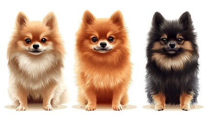 Fototapeta premium Three Pomeranian dogs sitting, various colors, white background, pet illustration