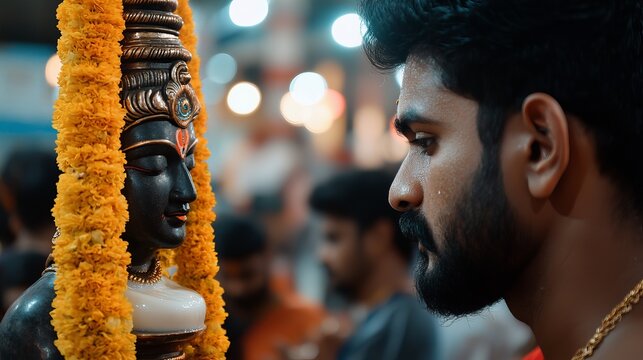 An South Asian man gazes at a deity statue adorned with flowers during a vibrant festival. - Powered by Adobe