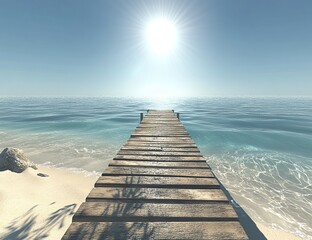 Wooden Dock Leads to Tranquil Ocean: Summer Idyll on a Sunny Beach, Serene Coastal Escape.