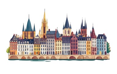 Fototapeta premium Colorful European city skyline with bridge and river