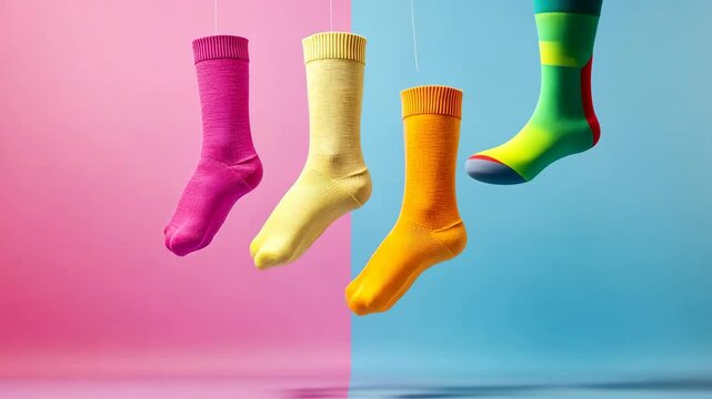 brightly colored socks floating in air, isolated on pastel background, playful and whimsical, vibrant tones, soft lighting, creative fashion design
