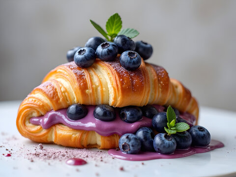 Blueberry Cream Croissant – A Berry Delight: A buttery croissant filled with luscious blueberry cream, topped with fresh berries and a drizzle of sweet glaze.