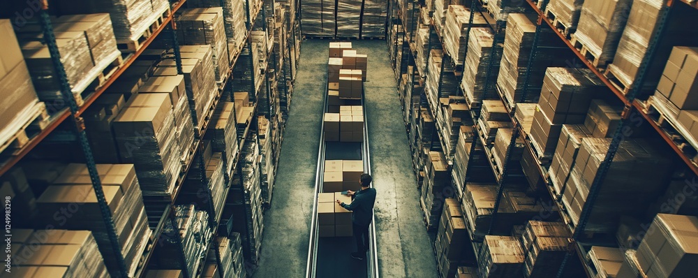 Poster warehouse worker sorts cardboard boxes on conveyor belt system efficiently in a large distribution c