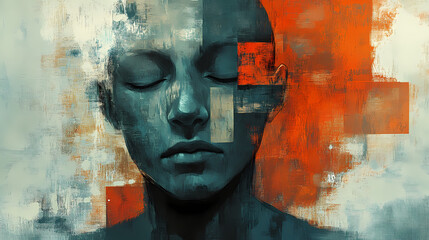 A somber, deconstructed face is depicted with muted colors and abstract shapes, conveying a sense of introspection and emotional complexity. Deconstructed Reality. Illustration