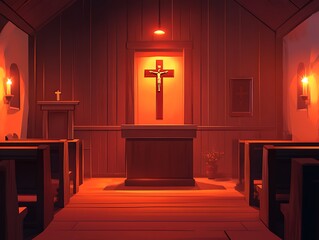 Empty wooden church interior at night, lit by candles and lamp