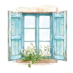 A charming blue window with open shutters, adorned with blooming flowers, creating a serene and inviting atmosphere.