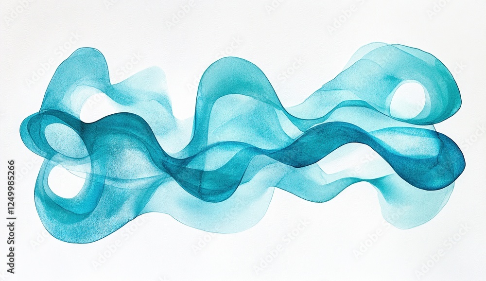 Poster abstract teal watercolor waves flowing seamlessly across white canvas, creating a serene and elegant