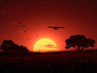 Plane flying over field at sunset with birds