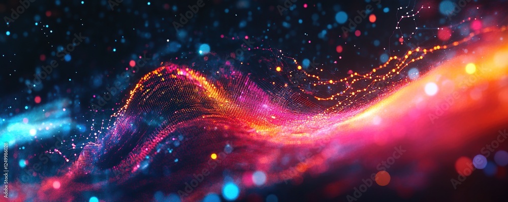 Poster vibrant abstract data wave: particles flowing dynamically in neon hues, creating a futuristic digita