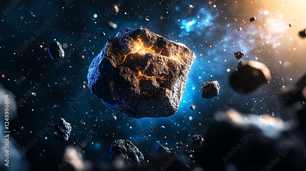 Poster asteroid floating through space illuminated by distant stars and cosmic dust during a vibrant galact