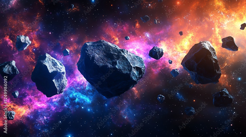 Poster asteroids floating in outer space with a colorful nebula backdrop featuring vibrant stars