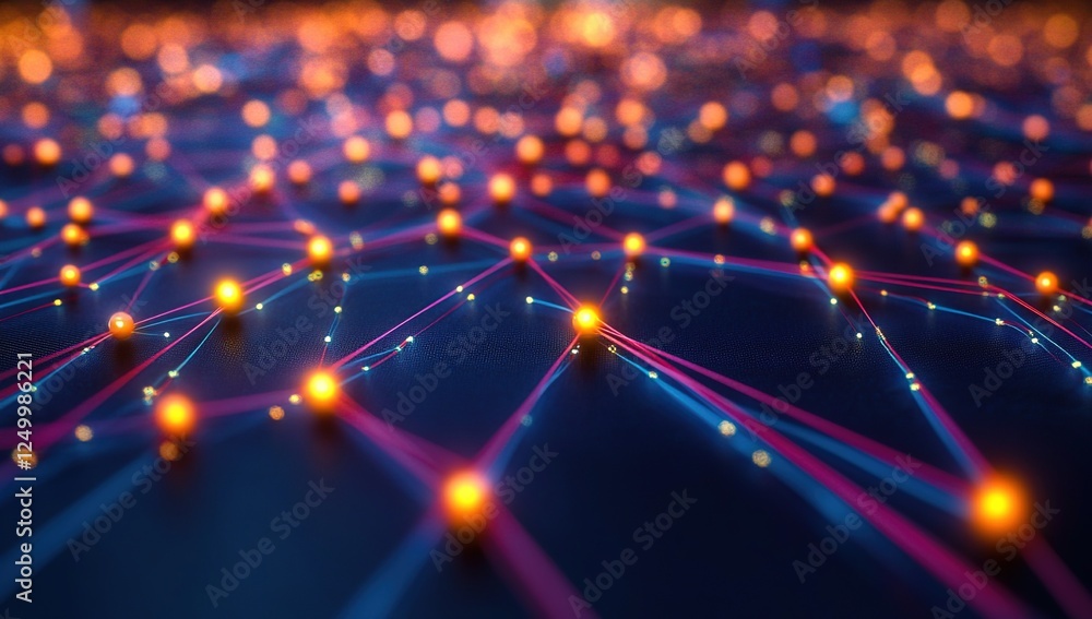 Poster exploring network connections: nodes illuminate digital pathways with vibrant hues, showing intercon