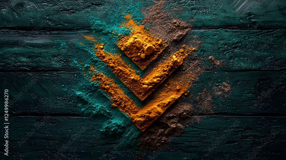Poster the warm orange and turquoise abstract geometric pattern with a triangle and arrow symbol on an old 