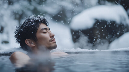 Fototapeta premium 雪が降る中、温泉に浸かる日本人男性の静寂な横顔
