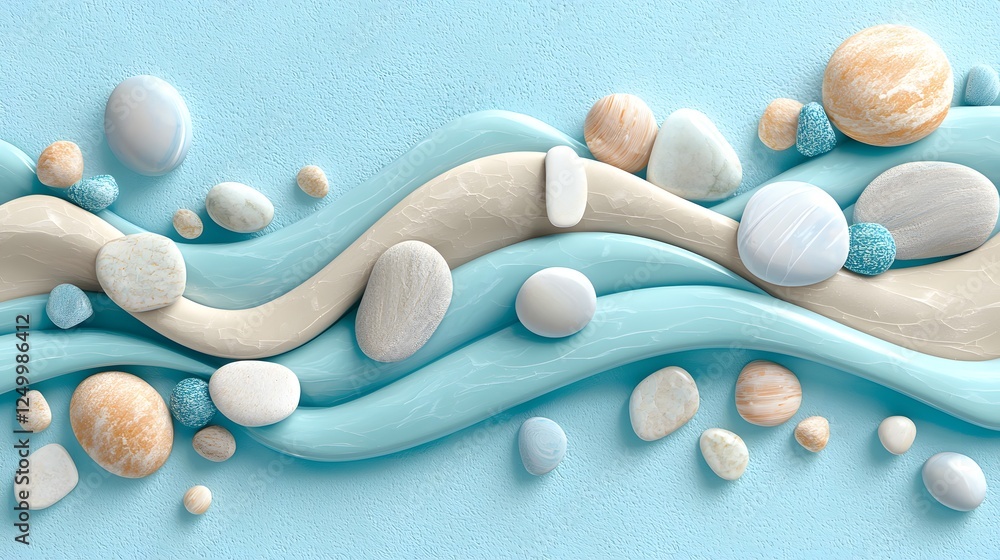 Poster serene abstract composition featuring smooth rounded stones and gentle flowing waves in a muted coas