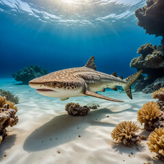 Naklejka premium watercolor scene of a zebra shark swimming gracefully just above the sandy ocean floor in the shallow waters of the Maldives