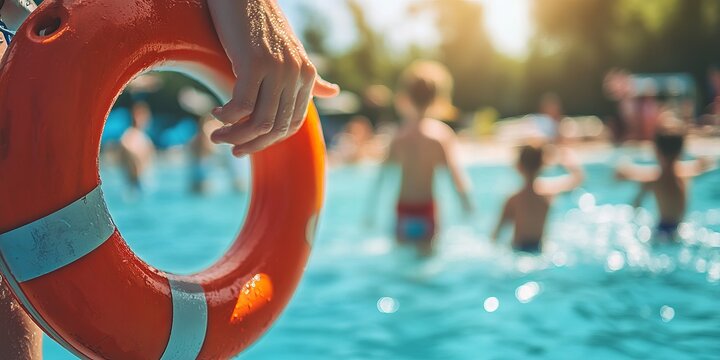 Lifeguard holding lifebuoy while watching children playing in swimming pool