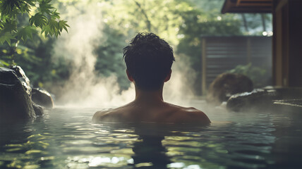 温泉に浸かる日本人男性のリラックスした後ろ姿