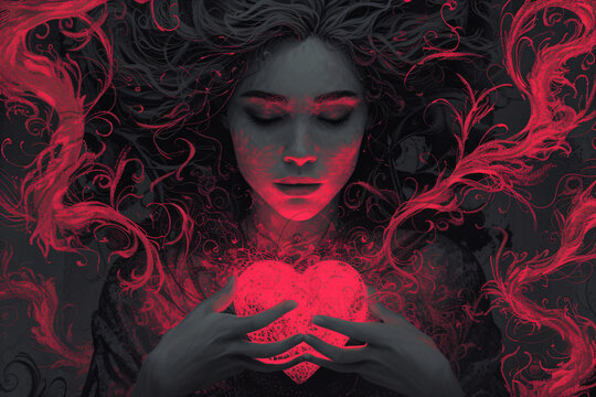 Woman with glowing red heart in darkness, mystical gothic fantasy art. Halloween, Valentine's Day, Day of Dead, Goth Night concept. Dark romantic surreal illustration with magical energy