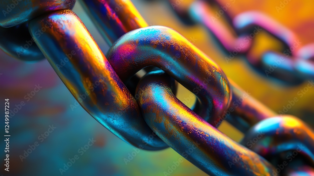 Poster close-up view of interconnected colorful metallic chains with intricate details and vibrant hues