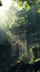 Ancient Stone Temple Overgrown By Lush Jungle Vegetation