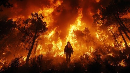 Fototapeta premium Firefighter Bravely Faces Raging Wildfire Inferno