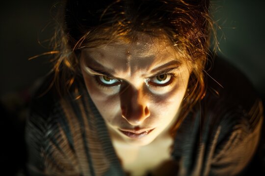 An intense gaze filled with fear and doubt stares upwards under harsh light, her brow furrowed showing worry.