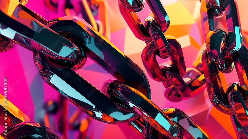 Poster colorful abstract chains intertwined in a dynamic composition showcasing light reflections and vibra