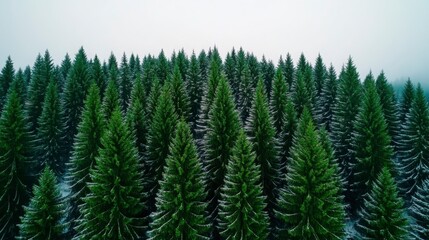 Aerial View of Lush Green Pine Trees in Winter Landscape