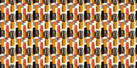 Abstract African art shapes seamless backgrounds, tribal geometric decoration patterns. Colored flat boho symbols illustrations	
