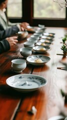 Obraz premium qingming, porcelain, plate, steam, festival, tradition, Traditional rice cakes on porcelain plate, steam rising, cherry blossoms in soft focus, golden hour warmth.