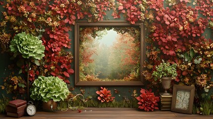 Autumnal Framed Nature Scene with Lush Foliage Dcor   A cozy and inviting indoor or outdoor display featuring a vintage style frame showcasing a beautiful natural landscape with vibrant fall leaves