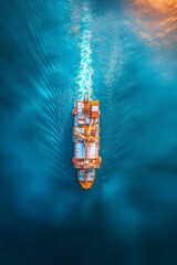 Aerial view of a cargo ship sailing on a vibrant blue ocean.