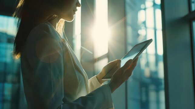 A professional businesswoman analyzing financial data on a digital tablet in an office. - Powered by Adobe