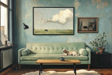 Pastel green sofa, dog, landscape art, vintage room.