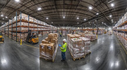 Warehouse worker checks inventory using a tablet.  High-bay racking is full of packaged goods.