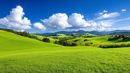 Obraz premium Lush Green Rolling Hills under a Bright Blue Sky with Clouds