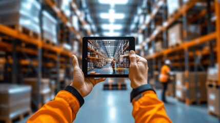 Warehouse worker using a tablet to review inventory.  Bright lighting illuminates the bustling warehouse.