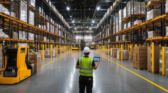 Warehouse worker using tablet in large distribution center.