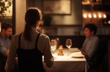 A young woman, seen from behind, stands in a dimly lit restaurant, serving a table of diners.