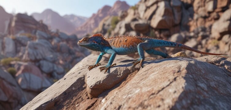 Agama stellio lizard climbing a rocky outcrop, agama stellio, desert animal, rock