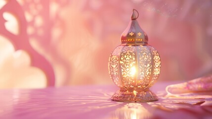 A glowing Ramadan lantern casting intricate shadows, set against a pastel peach background with soft curves for a serene ambiance.