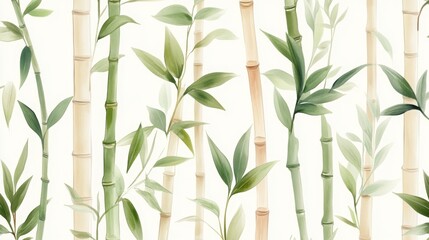 Serene watercolor bamboo pattern. Green leaves and stalks on white background.
