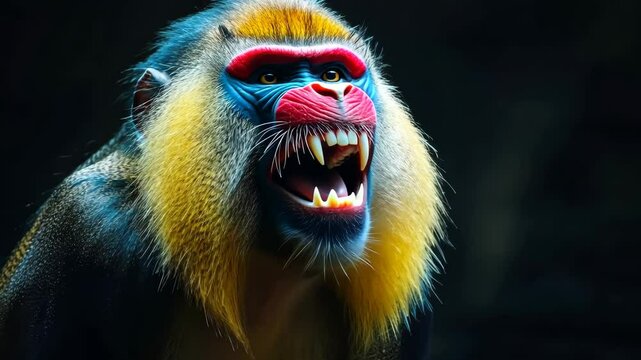 Dramatic shot of a mandrill roaring, vibrant colors on its face highlighted, set against a dark background, intense and dynamic
