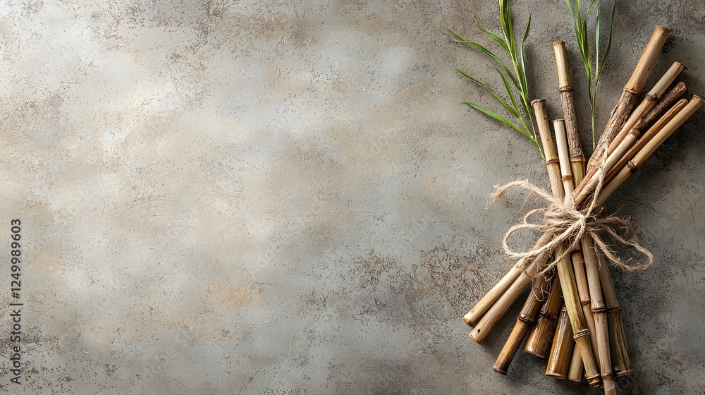 Poster bundled bamboo sticks arranged on a simple rustic backdrop creating a natural eco friendly and minim